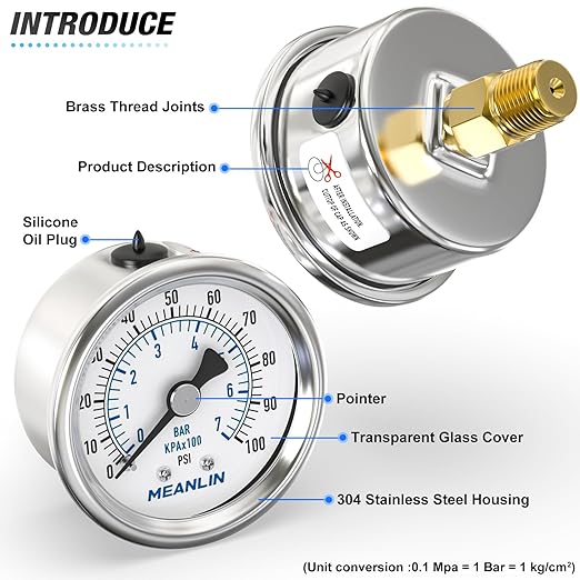 MEANLIN MEASURE 0~100Psi Dry Pressure Gauge Stainless Steel 1/4" NPT 2" FACE DIAL Waterproof for Well Pump Water Tire Water Pressure Tester Back Mount, with 1/2" NPT and 3/8" NPT Hex Bushing