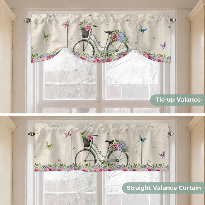Farmhouse Spring Tie Up Valance Curtains for Windows, Kitchen Curtains Window Shades, Retro Bicycles Flowers Vines Butterfly Light Filtering Roman Curtain Valances for Bedroom/Bathroom/Cafe 60"x18"
