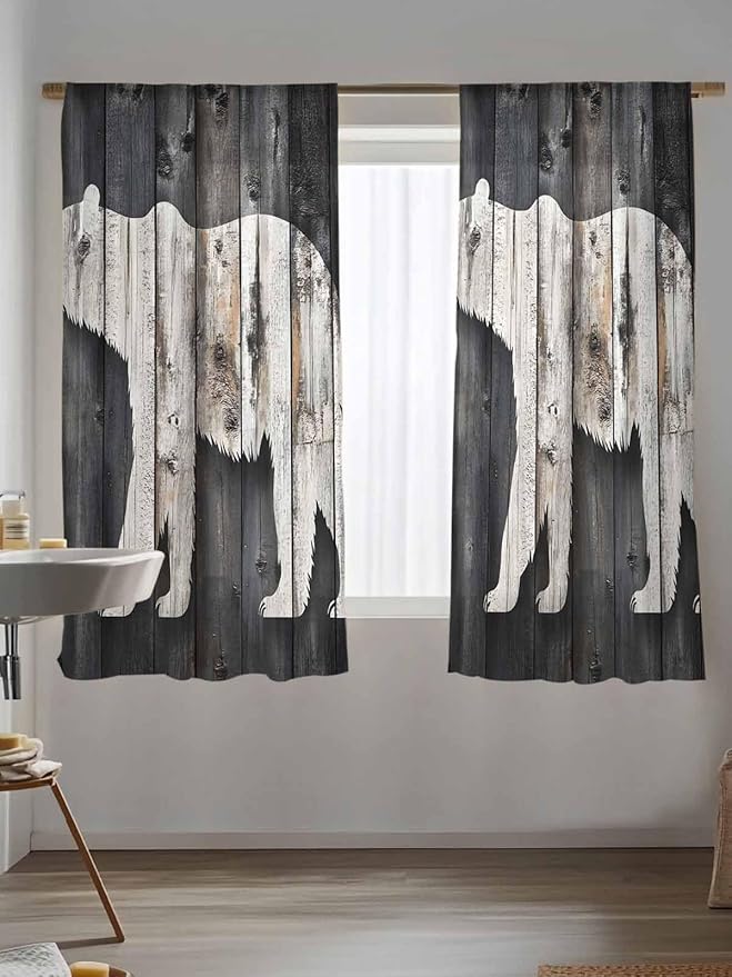 Sheer Curtains 63 Inch Length, White Brown Bear Semi Sheer Curtains Light Filtering Window Treatment, Farmhouse Country Vintage Wood Grain Privacy Voile Drapes for Living Room Bedroom 52x63 Inch