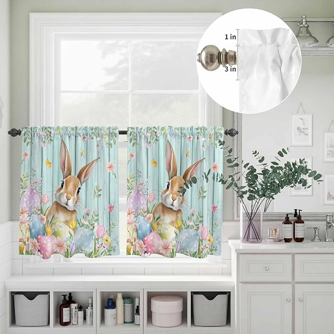 Kitchen Curtains Tiers and Valance Set of 3, Easter Light Filtering Window Curtain Set, Spring Rabbit Eggs Flowers Leaf Green Wooden Plank Rod Pocket Curtain Drapes for Living Room, 36 Inches Tiers