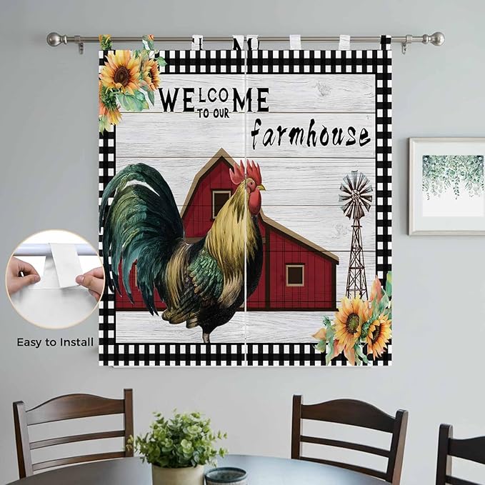 Farmhouse Rooster Bathroom Curtains 63 Inch Length, Window Curtains Tab Top, Rustic Red Barn Windmill Sunflowers Light Filtering Window Treatments Drapes 52"x63" 2 Panel