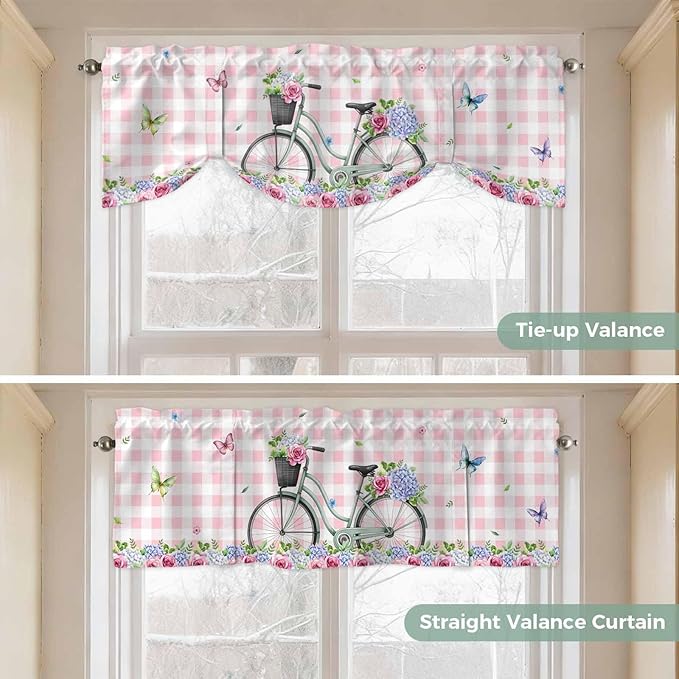 Spring Tie Up Valance Curtains for Windows, Kitchen Curtains Window Shades, Bicycles Leaves Butterfly Flowers Pink Buffalo Plaid Light Filtering Curtain Valances for Bedroom/Bathroom/Cafe 54"x18"