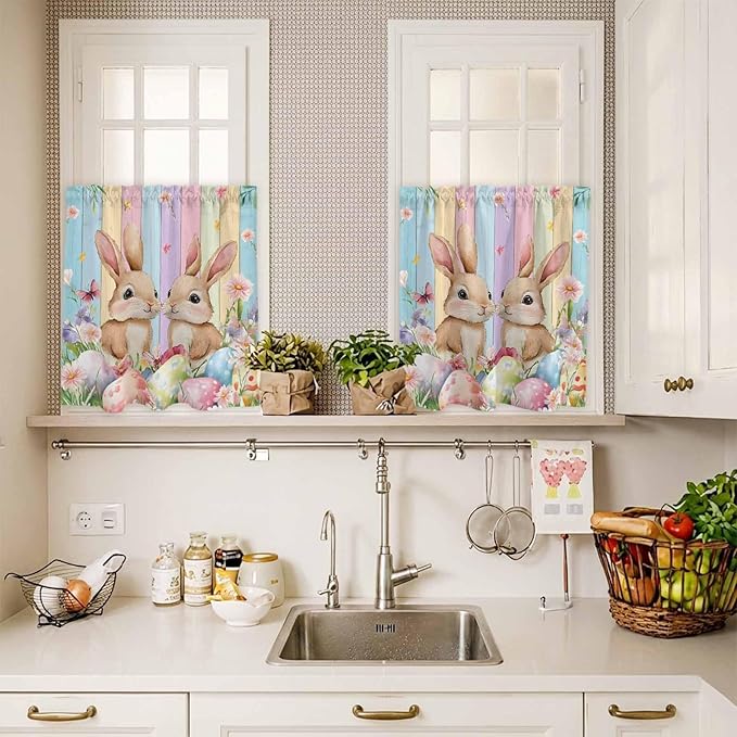 Easter Kitchen Curtains Set 3 Piece for Windows, Rod Pocket Valance and Tier Set 24 Inch Length, Spring Bunny Eggs Botanical Floral Wooden Grain Light Filtering Cafe Curtains for Living Room Bathroom