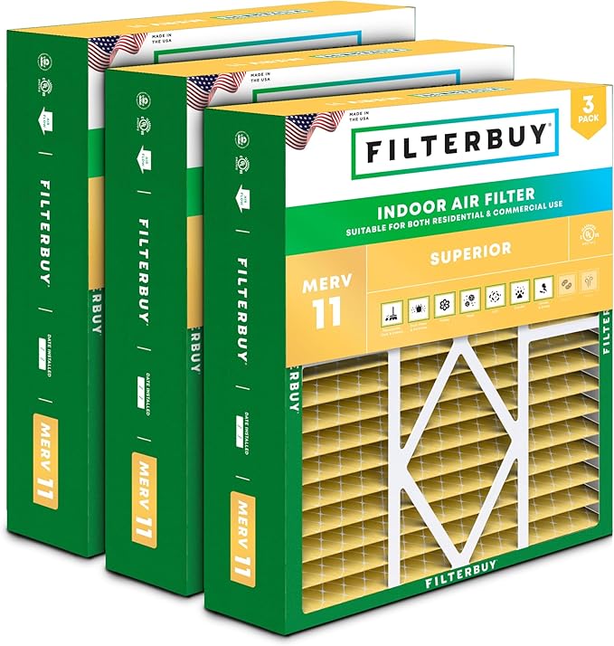 Filterbuy 20x25x5 Air Filter MERV 11 Superior Pet & Allergy Defense (3-Pack), Pleated HVAC AC Furnace Filters for Amana, Coleman, Goodman, Maytag, York, and More (Actual Size: 20.19 x 25.31 x 5.25)