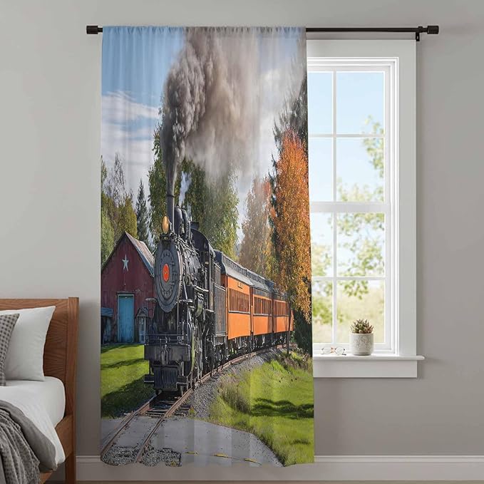 Steam Train Sheer Curtains 84 Inch Length Railroad Country Barn Rustic Trees Farmhouse Chiffon Curtain for Bedroom Living Room Light Filtering Rod Pocket Window Treatments Voile Curtains Drapes