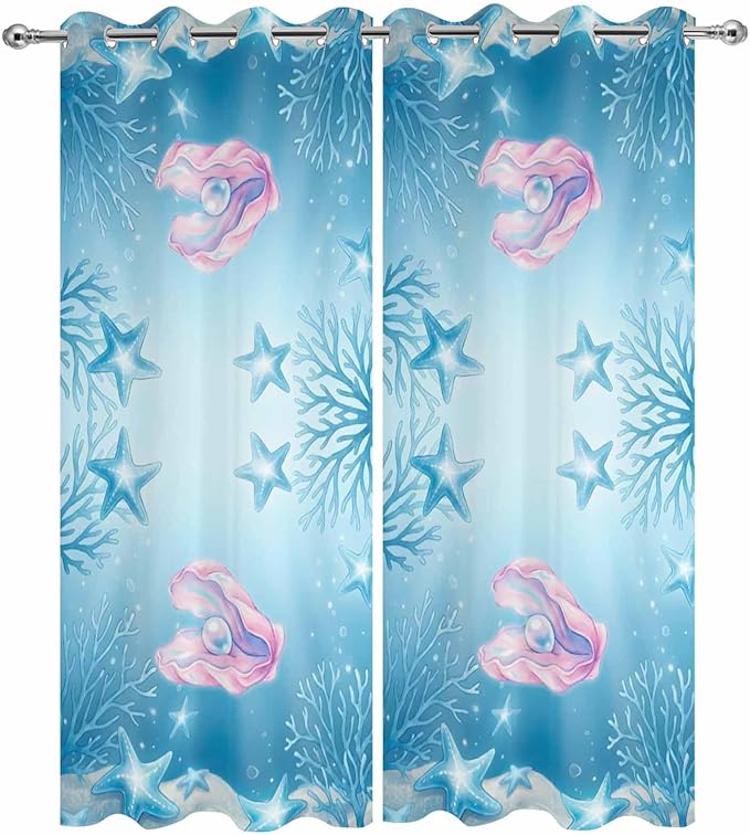 Ocean Shell Outdoor Curtains for Patio Corals Starfish Summer Marine Waterproof Outside Curtains with Grommet Top Weatherproof Curtain for Cabana Pergola Gazebo, 2 Pack, 54" W x 84" L