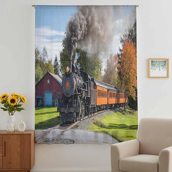 Steam Train Sheer Curtains 84 Inch Length Railroad Country Barn Rustic Trees Farmhouse Chiffon Curtain for Bedroom Living Room Light Filtering Rod Pocket Window Treatments Voile Curtains Drapes