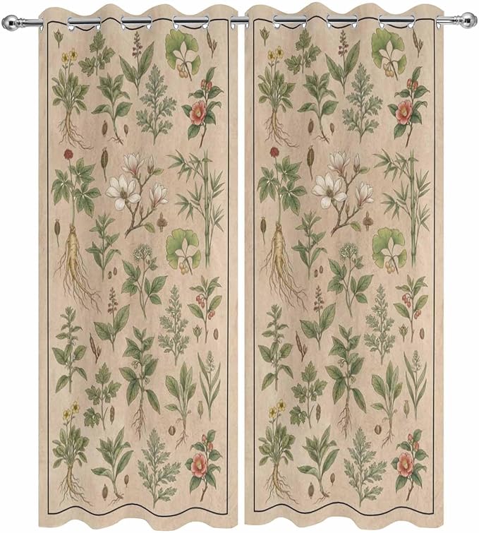 Vintage Outdoor Curtains for Patio Grass Herbal Botanical Garden Plants Waterproof Outside Curtains with Grommet Top Weatherproof Curtain for Cabana Pergola Gazebo, 2 Pack, 54" W x 84" L