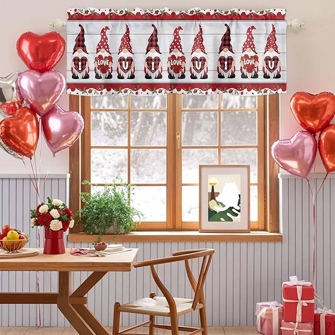 I Love U Valance Curtains for Kitchen, Valentine's Day Dwarf Romantic Wood Grain Privacy Rod Pocket Valance Curtain, Light-Filtering Window Treatment for Bedroom Bathroom, 60"x18"