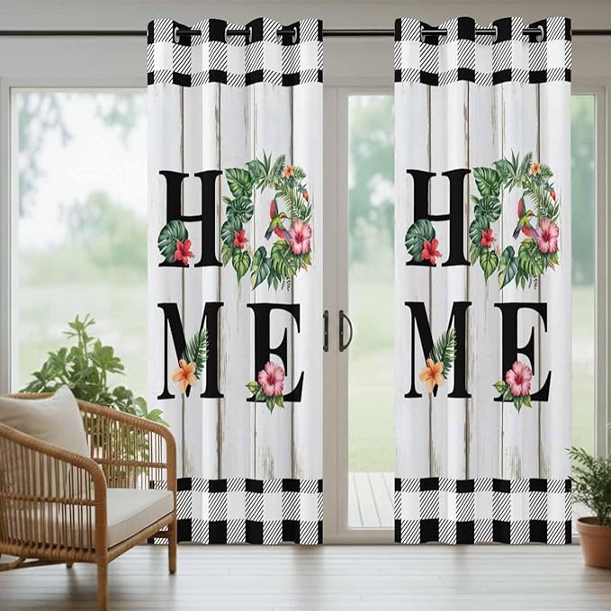 Summer Outdoor Curtains for Patio Leaves Garland Plumeria Wood Buffalo Plaid Waterproof Outside Curtains with Grommet Top Weatherproof Curtain for Cabana Pergola Gazebo, 1 Panel, 54" W x 95" L