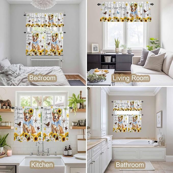 Kitchen Curtains Tiers and Valance Set of 3, Sunflowers Dog Light Filtering Window Curtain Set, Spring Watercolor Floral Stars Wood Grain Rod Pocket Curtain Drapes for Living Room, 24 Inches Tiers