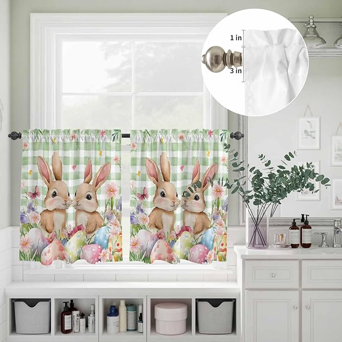 Easter Kitchen Curtains Set 3 Piece for Windows, Rod Pocket Valance and Tier Set 36 Inch Length, Spring Rabbit Eggs Flower Butterfly Green Plaid Light Filtering Cafe Curtains for Living Room Bathroom