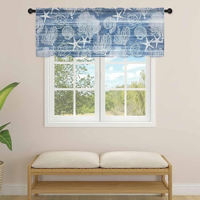 Navy Blue Retro Summer Sheer Valance Curtains, Sea Turtle Starfish Coral Ocean Light Filtering Kitchen Valances Rod Pocket Voile Curtain Window Treatment for Bedroom/Living Room/Basement 42Wx18L