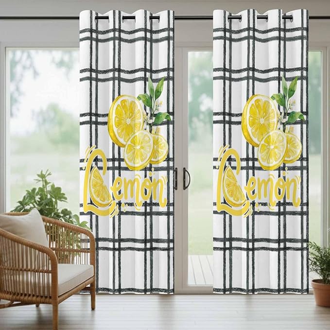 Lemon Outdoor Curtains for Patio Lemon Leaves Summer Plaid Buffalo Waterproof Outside Curtains with Grommet Top Weatherproof Curtain for Cabana Pergola Gazebo, 1 Panel, 54" W x 84" L
