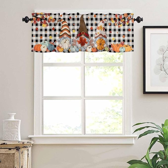 Thanksgiving Gnomes Kitchen Curtain Set, Fallen Maple Leaf Pumpkin Black Plaid Window Valance and Tiers 24" Length, Light Filtering Short Curtains Valance for Cafe Bathroom Bedroom 54"x18"