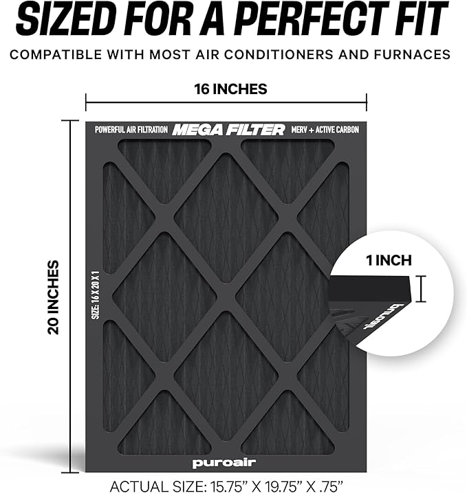 PuroAir MegaFilter - 16x20x1 Air Filter MERV 13 Activated CarbonTech Defense - Heavy Duty 3 Layer Furnace Filters Allergens, Pollen, Dust, Pet Dander, Smoke, Odors - HVAC Air Filter 16x20x1 (1-Pack)