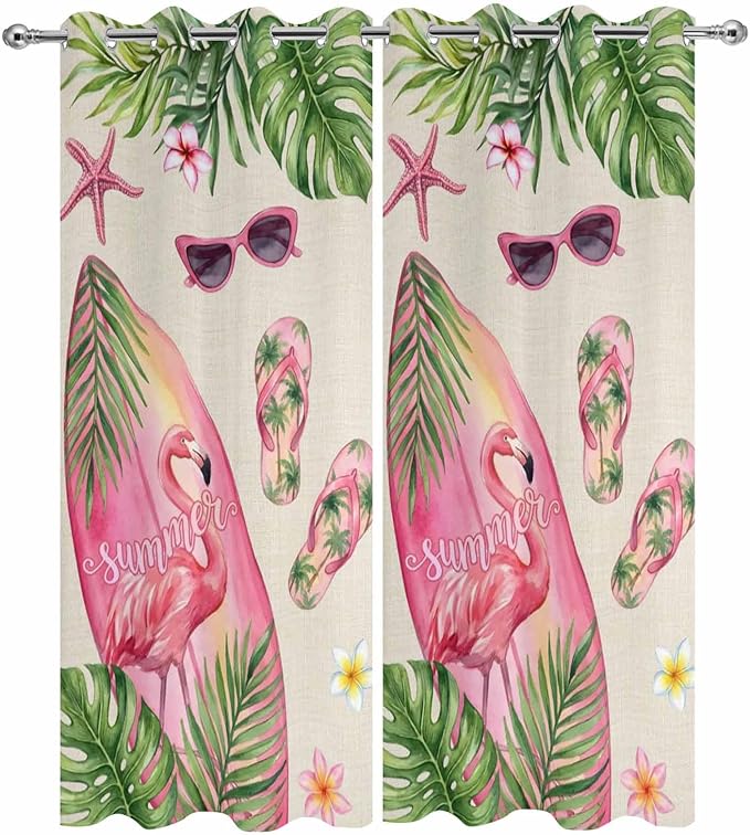 Summer Flamingbirds Outdoor Curtains for Patio Palm Leaves Plumeria Linen Waterproof Outside Curtains with Grommet Top Weatherproof Curtain for Cabana Pergola Gazebo, 2 Pack, 54" W x 108" L