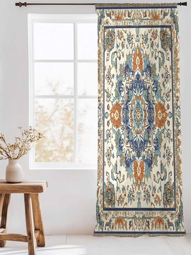 Sheer Curtains 96 Inches Long, Southwest Farmhouse Semi Sheer Curtains Light Filtering Window Treatment, Orange Blue Desert Bohemian Privacy Voile Drapes for Living Room Bedroom 52x96 Inch