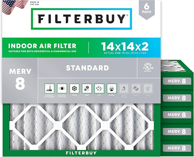 Filterbuy 14x14x2 Air Filter MERV 8 Essential Dust & Allergy Defense (6-Pack), Electrostatic Pleated HVAC AC Furnace Filters Replacement, Made in USA (Actual Size: 13.50 x 13.50 x 1.75)