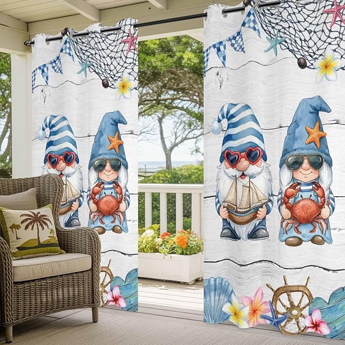 Ocean Gnome Outdoor Curtains for Patio Summer Marine Plumeria Shell Wooden Waterproof Outside Curtains with Grommet Top Weatherproof Curtain for Cabana Pergola Gazebo, 1 Panel, 54" W x 108" L
