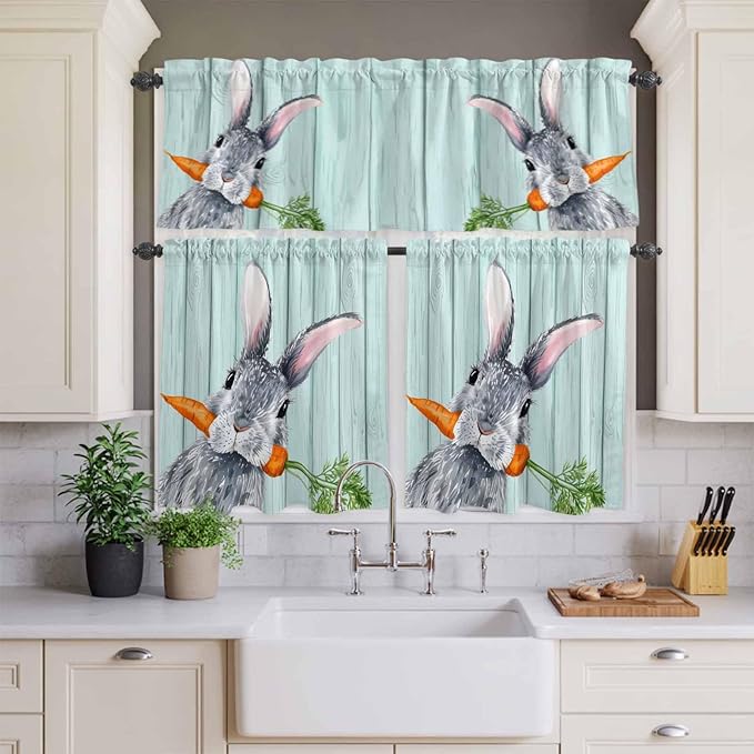 Easter Kitchen Curtain Set, Spring Rabbit Botanical Carrots Green Wooden Grain Window Valance and Tiers 24" Length, Light Filtering Short Curtains Valance for Cafe Bathroom Bedroom 54"x18"