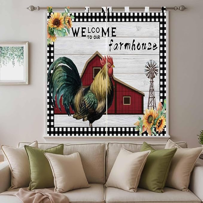 Farmhouse Rooster Bathroom Curtains 63 Inch Length, Window Curtains Tab Top, Rustic Red Barn Windmill Sunflowers Light Filtering Window Treatments Drapes 52"x63" 2 Panel