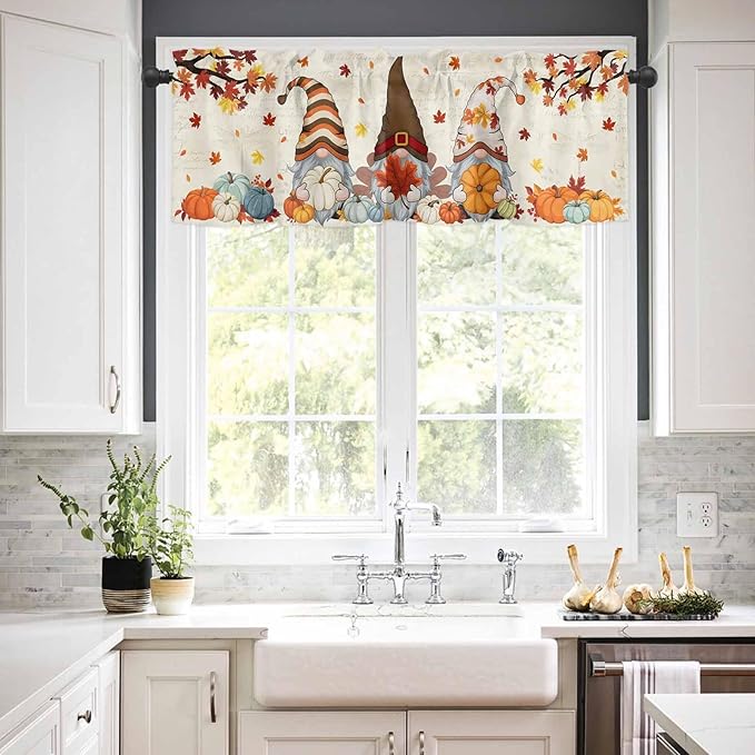 Fall Kitchen Curtain Set, Thanksgiving Gnomes Maple Leaf Pumpkin Beige Window Valance and Tiers 36" Length, Light Filtering Short Curtains Valance for Cafe Bathroom Bedroom 54"x18"