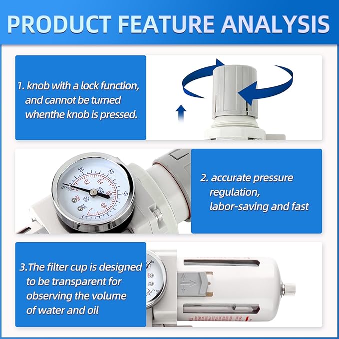 Industrial 3/8" NPT 3 Stage Air Drying System,Coalescing Filter, Particulate Filter and Air Regulator, Manual Drain for Air Tools and Spray Paint Gun