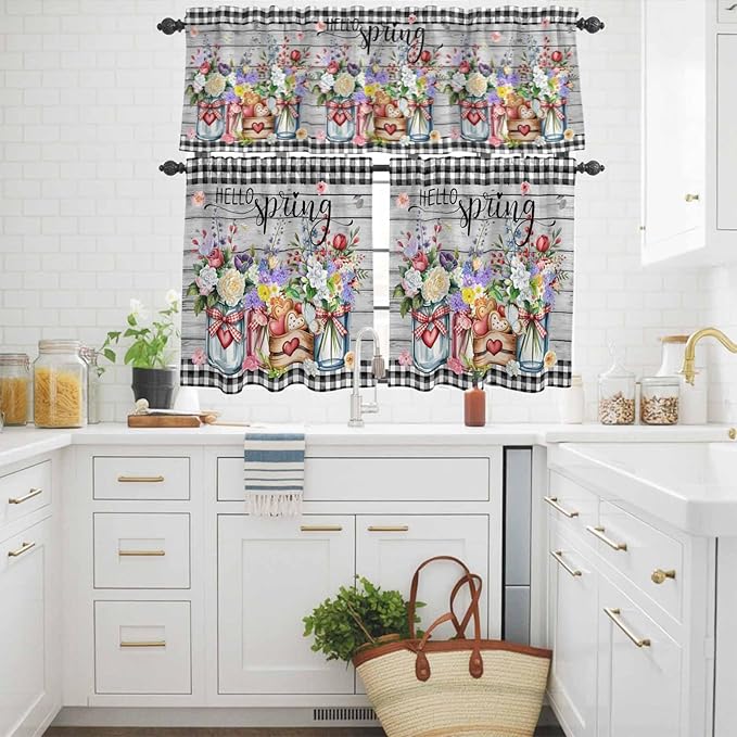 Kitchen Curtains Tiers and Valance Set of 3, Spring Flowers Light Filtering Window Curtain Set, Farmhouse Black Plaid Wood Grain Rod Pocket Curtain Drapes for Cafe, Living Room, 24 Inches Tiers