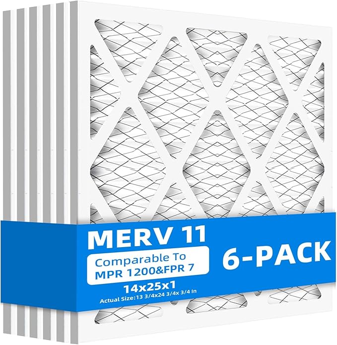 (6 Pack) 14x25x1 Air Filter, MPR 1200 & FPR 7, MERV 11 Pleated Air Filter (Actual Size: 13.75"x24.75"x0.75")