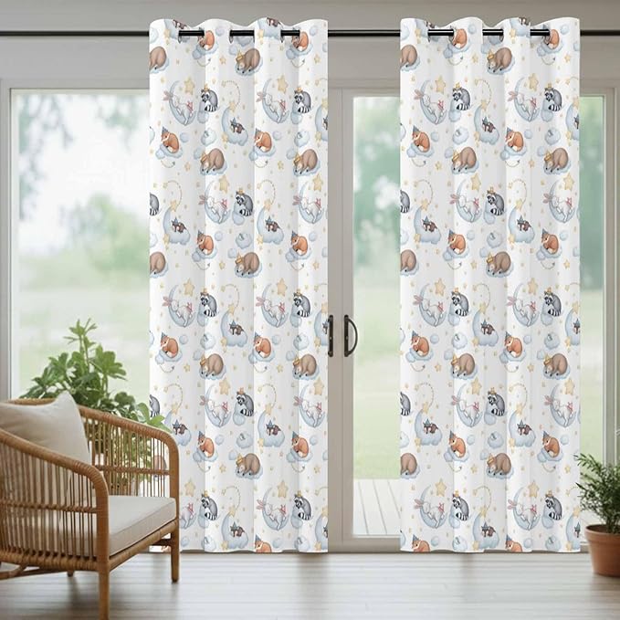 Cartoon Animals Outdoor Curtains for Patio Raccoons Rabbits Moon Waterproof Outside Curtains with Grommet Top Weatherproof Curtain for Cabana Pergola Gazebo, 1 Panel, 54" W x 95" L