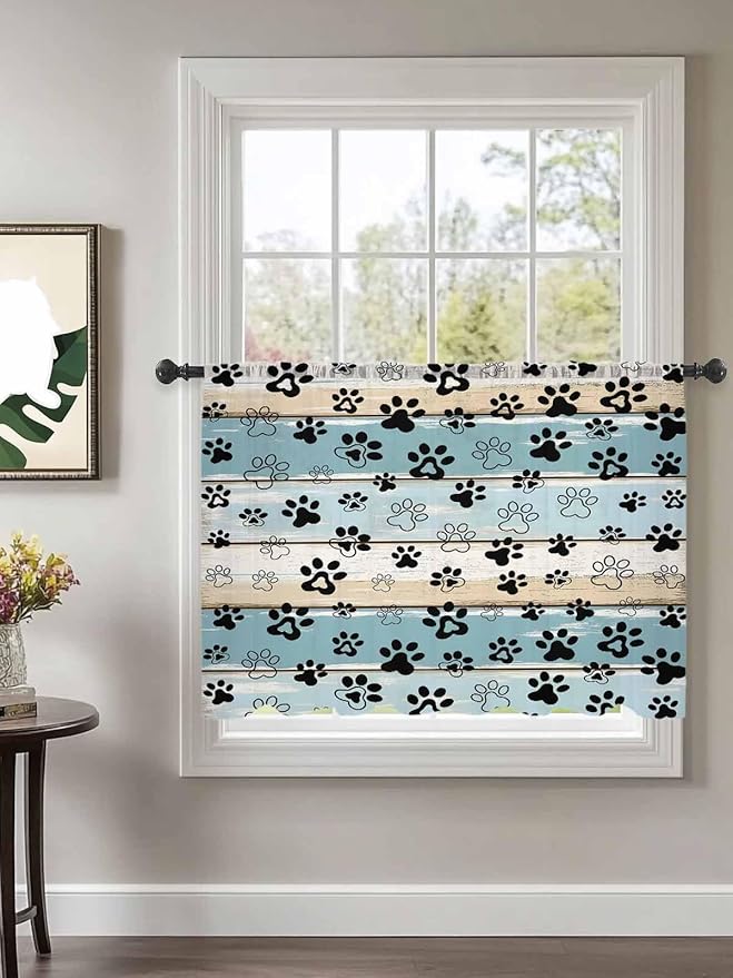 Sheer Curtains 54 Inch Length, Blue Beige Paw Print Semi Sheer Curtains Light Filtering Window Treatment, Vintage Farmhouse Country Wood Grain Privacy Voile Drapes for Living Room Bedroom 52x54 Inch