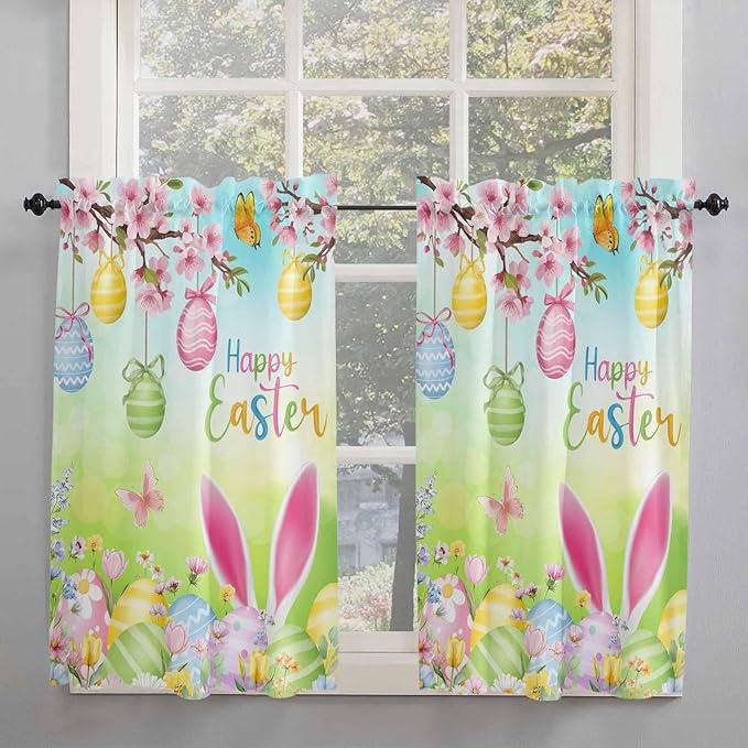 Easter Tier Curtains 45 Inches Long, Spring Bunny Colorful Rabbit Eggs Butterfly Blue Green Window Treatment Curtain Drapes, Small Curtain Drapes for Bathroom Laundry Room, 27.5"x45", 2 Panels