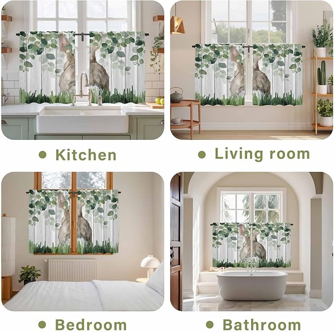 Easter Kitchen Curtains, Country Rabbit Botanical Leaves Wooden Grain Light Filtering Window Curtain Panels, 2Pcs Rod Pocket Window Treatments Set for Cabin Bathroom Bedroom 52x45 Inches