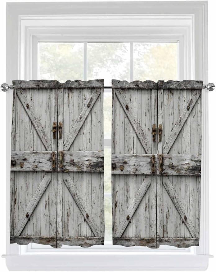 Vintage Gate Kitchen Curtains 45 Inches length, Farmhouse Wooden Grain Shabby Chic Door Window Treatment Curtain Drapes, Lightweight Window Panels for Living Room Bedroom, 52"x45", 2 Panels