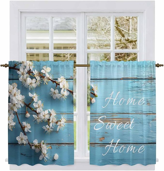 Farmhouse Wooden Grain Kitchen Curtains, Vintage Shabby Chic Flower Blue Light Filtering Window Curtain Panels, 2Pcs Rod Pocket Window Treatments Set for RV Dining Room Study Room 42x45 Inches