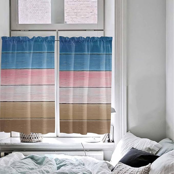 Blue Pink Brown Gradient Wood Grain Window Valance Curtains, Vintage Wood Board Light Filtering Kitchen Valance with 3-inch Rod Pocket for Living Room Bathroom Bedroom,2 Panel,27.5x45In