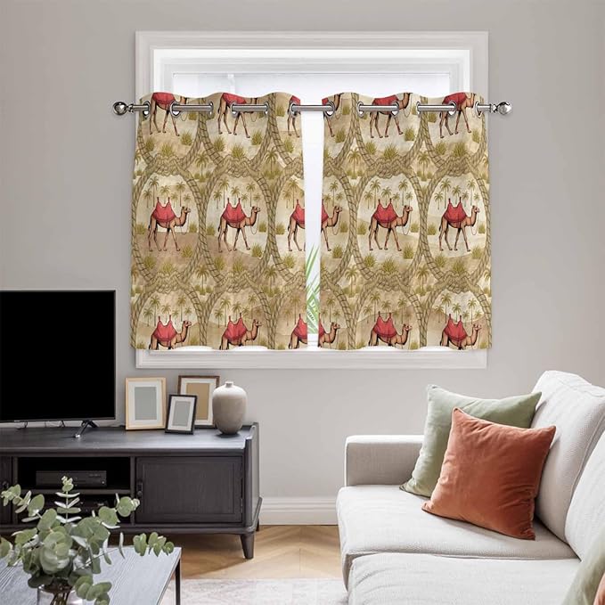 2 Panel Kitchen Cafe Curtains, Desert Camels Sunlight Filtering Nature Air Through, Home Decor Window Covering Tier Curtains for Bedroom Living Room Tropical Palm Trees Sand Cords Brown