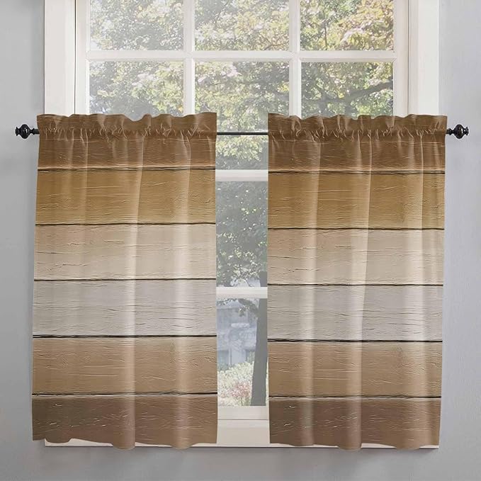 Vintage Brown Gradient Wood Grain Window Valance Curtains, Farmhouse Wood Barn Light Filtering Kitchen Valance with 3-inch Rod Pocket for Living Room Bathroom Bedroom,2 Panel,52x45In