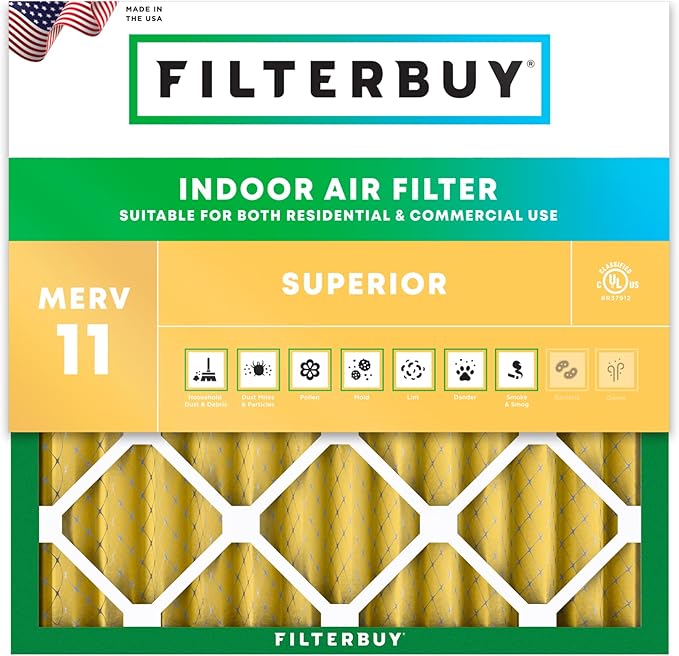Filterbuy 24x24x2 Air Filter MERV 11 Superior Pet & Allergy Defense (1-Pack), Electrostatic Pleated HVAC AC Furnace Filters Replacement, Made in USA (Actual Size: 23.38 x 23.38 x 1.75)