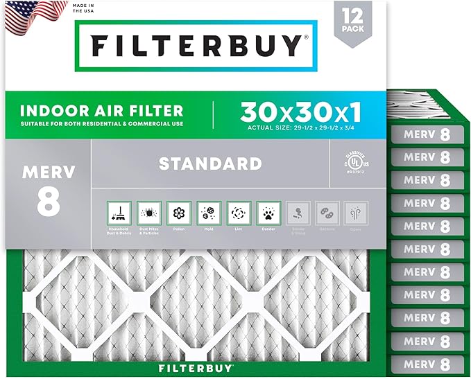 Filterbuy 30x30x1 Air Filter MERV 8 Essential Dust & Allergy Defense (12-Pack), Electrostatic Pleated HVAC AC Furnace Filters Replacement, Made in USA (Actual Size: 29.50 x 29.50 x 0.75)