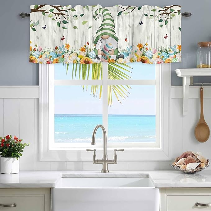 Easter Gnomes Curtain Valances for Windows, Kitchen Valance Window Treatment, Spring Watercolor Eggs Flower Wood Grain Light Filtering Block Curtains for Bathroom/Bedroom/Living Room 42'' x 18''