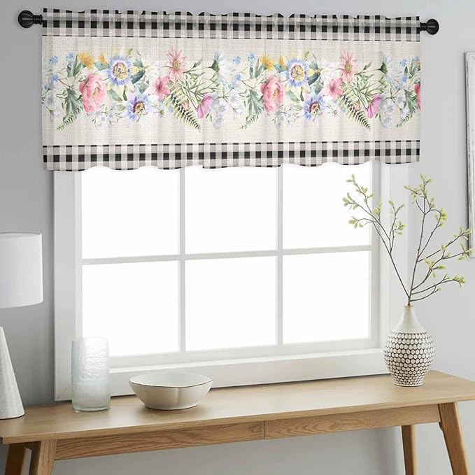 Blue Pink Floral Sheer Valance Curtains, Spring Summer Botanical Linen Black Plaid Light Filtering Kitchen Valances Rod Pocket Voile Curtain Window Treatment for Bedroom/Living Room/Basement 42Wx18L