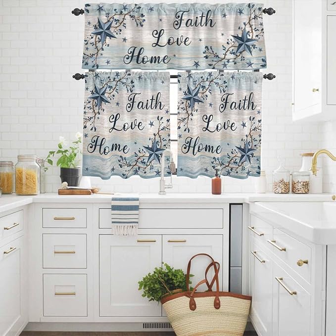 Kitchen Curtains Tiers and Valance Set of 3, Vintage Farmhouse Light Filtering Window Curtain Set, Blue Country Texas Star Vines Wooden Rod Pocket Curtain Drapes for Cafe, Living Room, 36 Inches Tiers