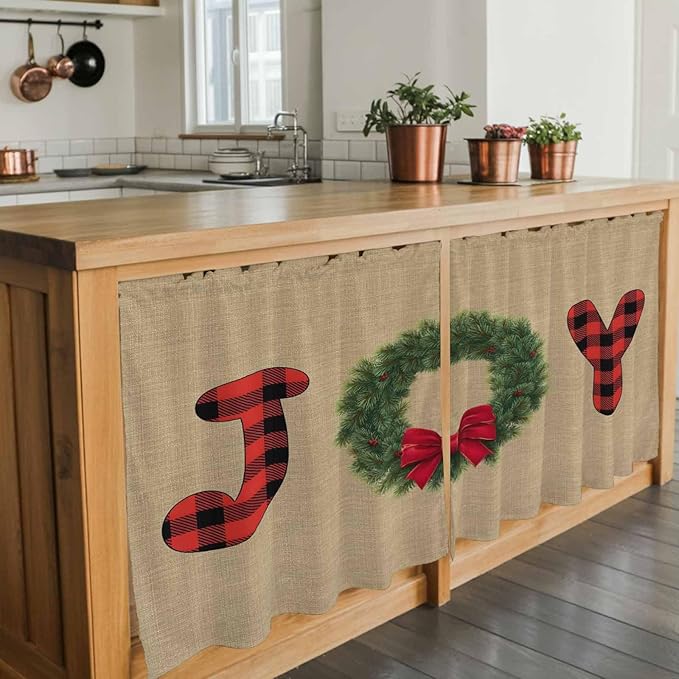 Red Green Christmas Kitchen Tier Curtains 36 Inch Long 2 Panel Set,Rod Pocket Half Window Curtains Over Sink,Xmas Botanical Winter Farmhouse Short Drapes for Bathroom Cafe 27.5"W x 36"L