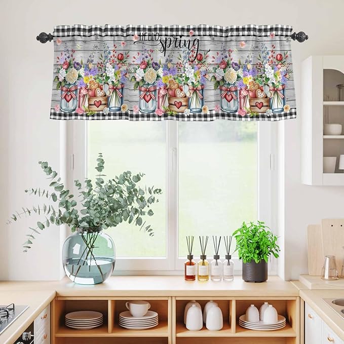 Kitchen Curtains Tiers and Valance Set of 3, Spring Flowers Light Filtering Window Curtain Set, Farmhouse Black Plaid Wood Grain Rod Pocket Curtain Drapes for Cafe, Living Room, 24 Inches Tiers