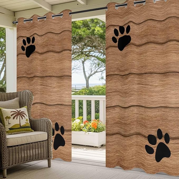 Wood Grain Outdoor Curtains for Patio Claws Animals Wooden Vintage Waterproof Outside Curtains with Grommet Top Weatherproof Curtain for Cabana Pergola Gazebo, 1 Panel, 54" W x 84" L