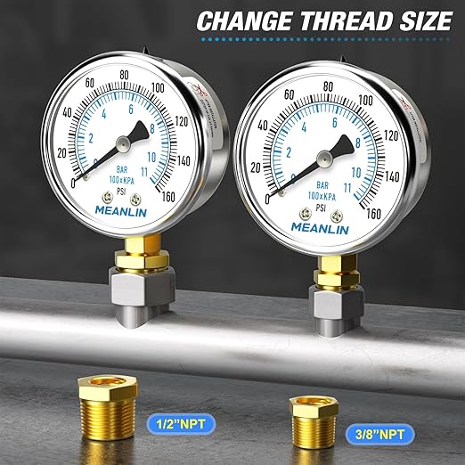 MEANLIN MEASURE 0~160Psi Dry Pressure Gauge Stainless Steel 1/4" NPT 2" FACE DIAL Waterproof for Air Compressor RV Regulator Water Pressure Tester Lower Mount, with 1/2" NPT and 3/8" NPT Hex Bushing