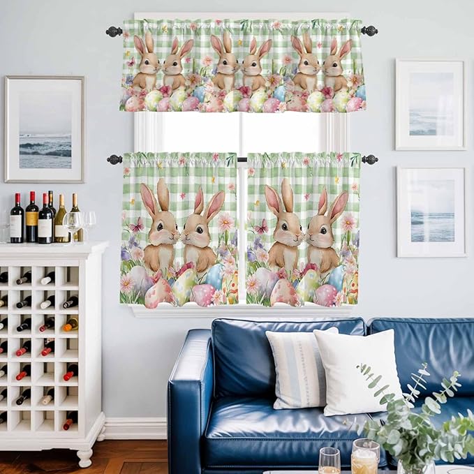 Easter Kitchen Curtains Set 3 Piece for Windows, Rod Pocket Valance and Tier Set 36 Inch Length, Spring Rabbit Eggs Flower Butterfly Green Plaid Light Filtering Cafe Curtains for Living Room Bathroom