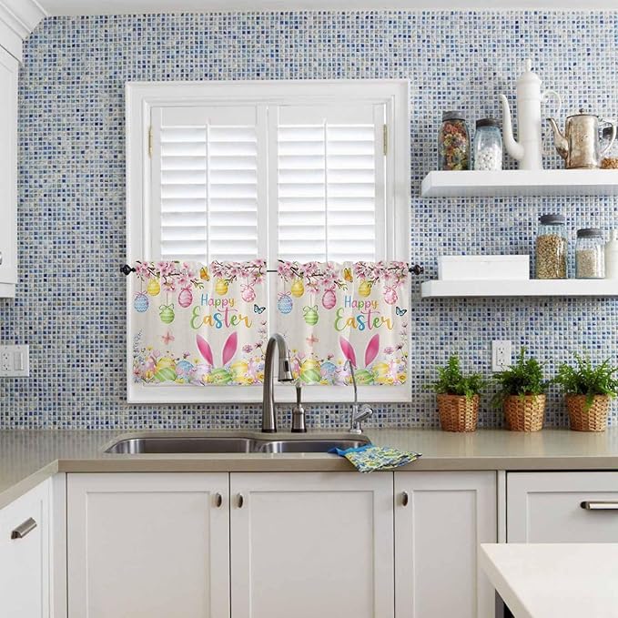 Happy Easter Half Window Curtain 36 Inches Long, Spring Farmhouse Bunny Eggs Flower Beige Window Treatment Curtain Drapes, Small Tier Curtains for Bathroom Over Sink, 27.5"x36", 2 Panels